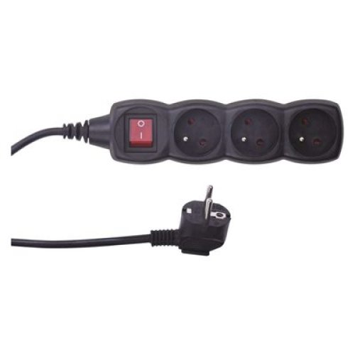 Prodlužovací šňůry, bubny, rozbočky - Prodlužovací kabel s vypínačem – 3 zásuvky, 5m, černý - foto 1