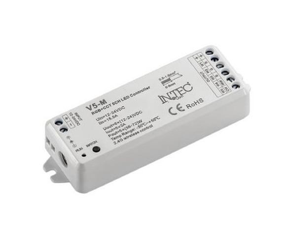 Ovladače a stmívače pro jednobarevné LED pásky - FAN RF-RICEVITORE-5CH Přijímač RF 2,4 GHz, 15,5 A 12–24 V, výstup 5 ch x 3 A (5 x 36–72 W), 11,4 x 3,8 x 2 cm - FANEUROPE - foto 1