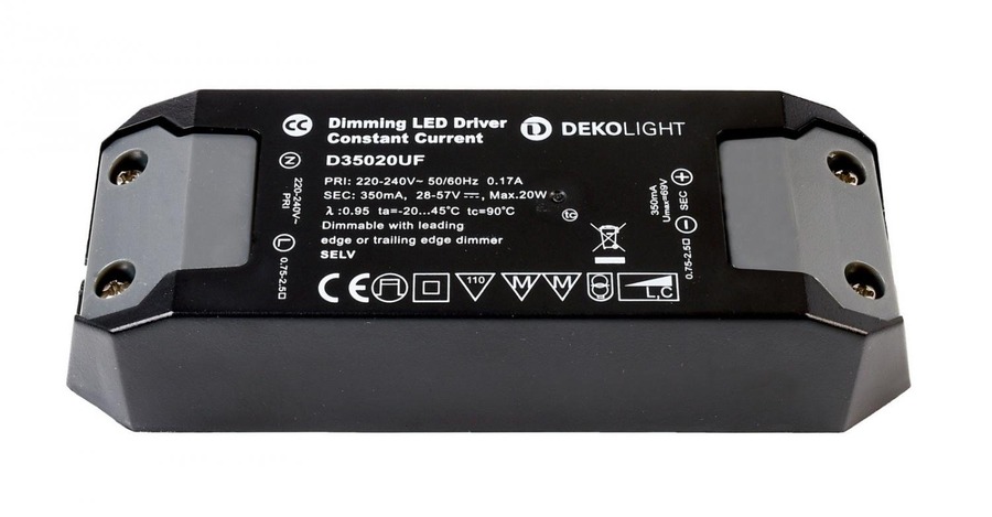 Stabilizovaný proud - IMPR 862204 Deko-Light LED-napájení BASIC, DIM, CC, D35020UF/20W konstantní proud 350 mA IP20 stmívatelné 28-57V DC 9,80-20,00 W - LIGHT IMPRESSIONS - foto 1