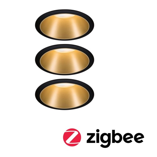 Kruhová - P 5146 Smart Home Zigbee set Smart Home Zigbee 3.0 vestavné svítidlo Cole + Zigbee Coin IP44 kruhové 88mm 3x6W 230V stmívatelné 2700K černá/zlatá mat - PAULMANN - foto 1