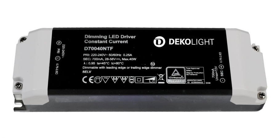 Stabilizovaný proud - IMPR 862208 Deko-Light LED-napájení BASIC, DIM, CC, D70040NTF/40W konstantní proud 700 mA IP20 stmívatelné 28-56V DC 19,60-40,00 W - foto 1