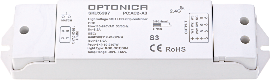 Stmívače a přepínače Optonica - RGB/CCT/Stmívání 3 kanálový vysokonapěťový LED Strip Controller - foto 1