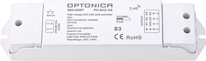 Stmívače a regulátory LED - RGB/CCT/Stmívání 3 kanálový vysokonapěťový LED Strip Controller