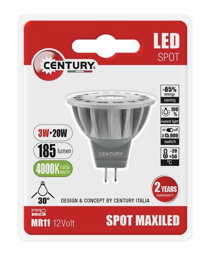 GU4 - CEN K12XLED-300440BL LED spot MAXILED 3W 12VDC/AC MR11 4000K 185Lm 30d ?35x38mm IP20 BL - CENTURY - foto 1
