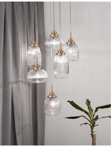 Vícečetná - NV 9731215 Závěsné svítidlo MOND saténový zlatý kov čiré sklo E14 6x5W230V IP20 bez žárovky - NOVA LUCE - foto 1