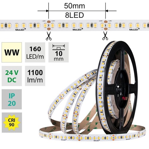 Pracovní osvětlení - ML-126.019.90.0 AKCE - LED pásek SMD2835 WW 160LED/m 9W/m DC 24V 1100lm/m 3000K CRI90 IP20 10mm 5m - McLED - foto 1