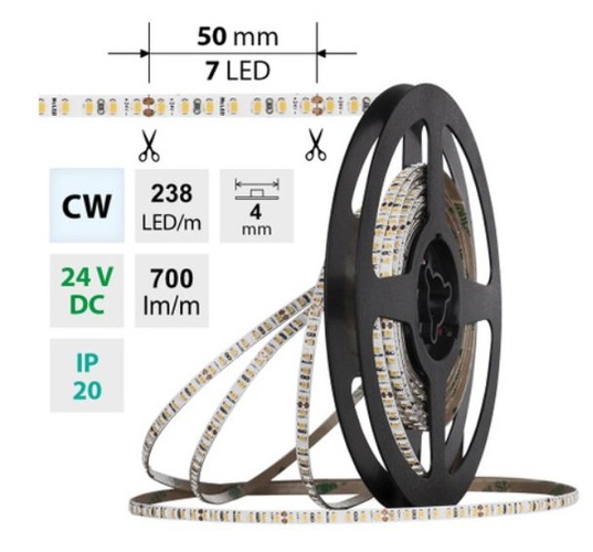 Hlavní osvětlení - ML-126.044.90.9-03000.1000X03 AKCE - LED pásek SMD2216 CW 238LED/m 7,2W/m  DC 24V 700lm/m CRI90 IP20 4mm délka 3m vodič A 1,0m -X03 - foto 1