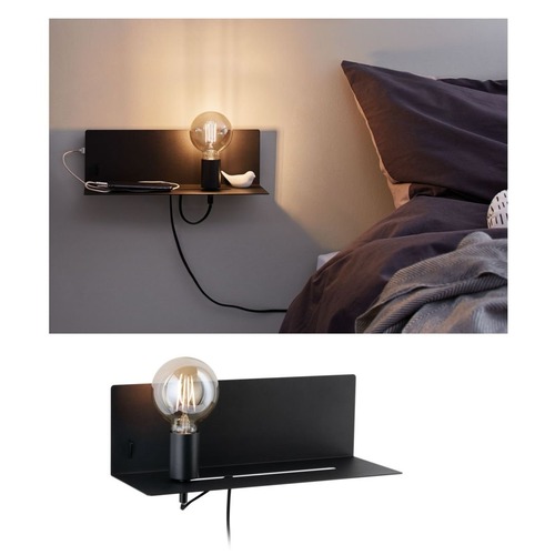 Dekorativní - P 78920 Nástěnné svítidlo Ablage Devara E27 max. 40W černá / kov USB - PAULMANN - foto 1