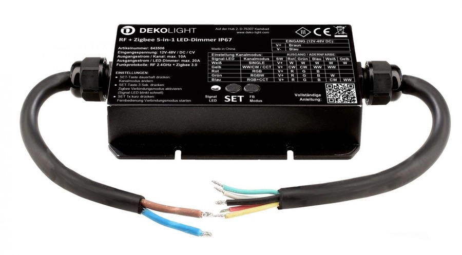 Ovladače pro vícebarevné LED pásky, RGB, RGBW - IMPR 843506 Deko-Light stmívač, RF-smart, LED-stmívač 5v1, 5 kanálový, 12-48V, 20A, IP67, konstantní napětí, 12-48V DC RF / Zigbee 3.0 / Intelli-Push 5 CH - foto 1