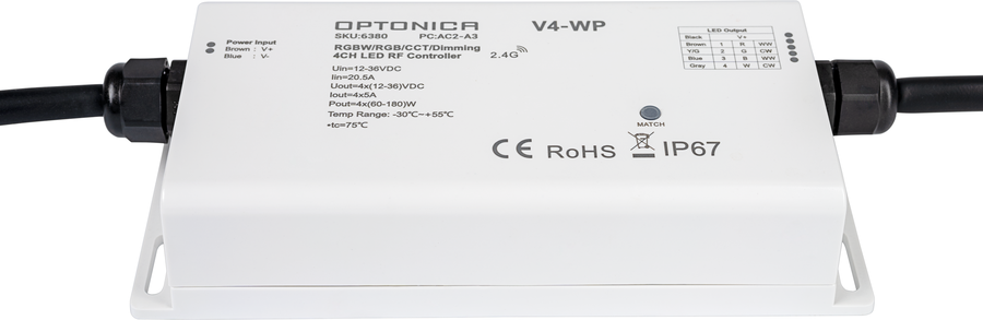 Stmívače a přepínače Optonica - 4 kanálový LED vodotěsný RF kontrolér s konstantním napětím - foto 1