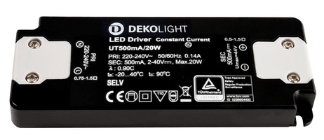 Stabilizovaný proud - IMPR 862226 Deko-Light LED-napájení FLAT, CC, UT500mA/20W konstantní proud 500 mA IP20 2-40V DC 1,00-20,00 W - LIGHT IMPRESSIONS
