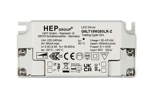 Stabilizovaný proud - IMPR 862266 HEP napájení (CC, DC) stmívatelné, HEP, DIM, CC, G6LT15W350LR-Z, konstantní proud, fázové stmívání 350 mA IP20 26-43 V/DC 9,1-15W - DEKOLIGHT