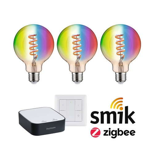 E27 - P 5193 Startovací sada Smart Home Zigbee 3.0 LED žárovka Filament G95 RGBW + Gateway + vypínač - PAULMANN - foto 1