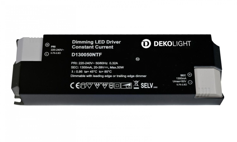 Stabilizovaný proud - IMPR 862211 AKCE - Deko-Light napájení BASIC, DIM, CC, D130050NTF/50W konstantní proud 1050 mA IP20 stmívatelné 20-39V DC 25,00-50,00 W - LIGHT IMPRESSIONS - foto 1