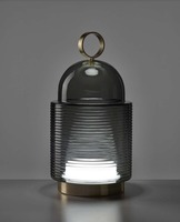 Stolní lampy dekorační - BRO PC01288_005 Stolní svítidlo DOME NOMAD LINES LARGE sklo hnědé kouřové lesklé / mosaz / černý kabel nabíjecí USB2/MAG, 5V - BROKIS