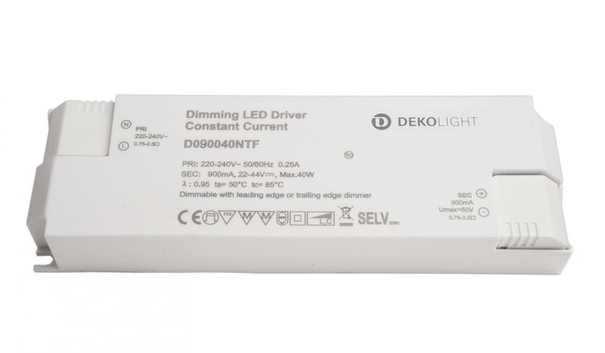 Stabilizovaný proud - IMPR 862264 Deko-Light napájení (CC, DC) stmívatelné, BASIC, DIM, CC, D090040NTF/40W, konstantní proud 900 mA IP20 22-44 V/DC 19,8-40W - foto 1