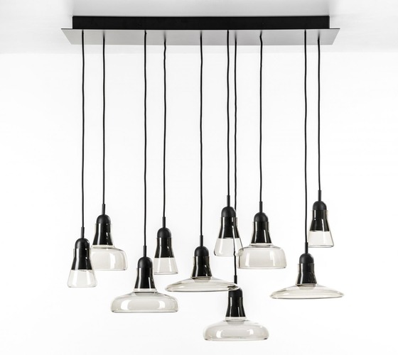 Vícečetná - BRO PC00921_035 Shadows set rectangular large, závěsné svítidlo, ručně foukané sklo, kouřová hnědá / černý dub / černý kabel, 10x5W LED GU10 dim, 100x36cm - BROKIS A - foto 1