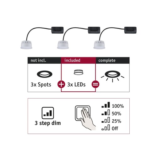 LED moduly - P 92473 LED Modul vestavné svítidlo 3-krokové-stmívatelné Choose Coin 3ks sada kruhové 50mm Coin 3x6W 230V 2700K satén - PAULMANN - foto 1