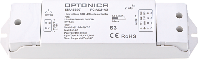 Stmívače a regulátory LED - RGB/CCT/Stmívání 3 kanálový vysokonapěťový LED Strip Controller