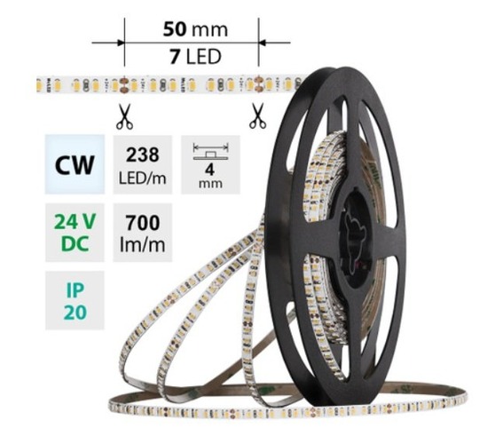 Hlavní osvětlení - ML-126.044.90.9-04000.1000X03 AKCE - LED pásek SMD2216 CW 238LED/m 7,2W/m DC 24V 700lm/m CRI90 IP20 4mm délka 4m vodič A 1,0m-X03 - foto 1