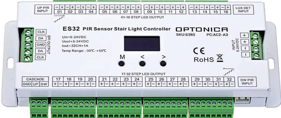 Ovladače Digitálních LED pásků - ES32 řídící jednotka pro osvětlení schodiště, 1-32 schodů, 5-24V DC, 3 roky záruka, OP6385 - foto 1