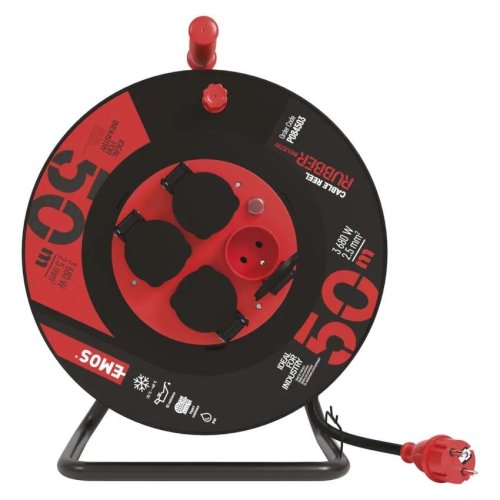 Prodlužovací šňůry, bubny, rozbočky - Gumový prodlužovací kabel na bubnu - 4 zásuvky 50m, 230V, IP44, 2,5mm2 - foto 1