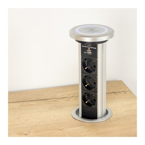 Nábytkové zásuvky, vypinače - Vestavná, výsuvná zásuvka LIFT BOX USB Automatic s bezdrátovou nabíječkou, 3x230V, 2xUSB, IP20, hliník, LIFTBOX-A-ALU-3DE-U-B-01 - foto 1