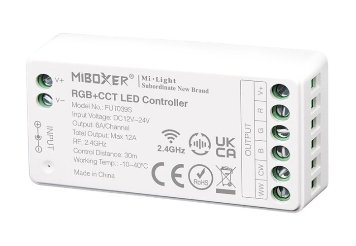 S Série - Barevný RGB+CCT LED přijímač, mini verze, 12-24V, 12A, RF 2.4GHz, FUT039S, Mi-Light - foto 1
