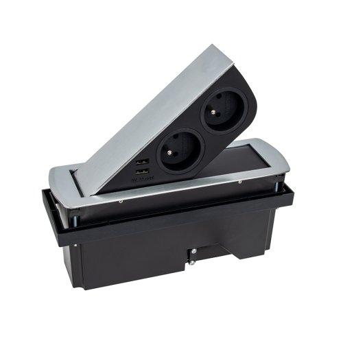 Nábytkové zásuvky, vypinače - Vestavná nábytková USB zásuvka CIZOBOX s USB a výsuvnými zásuvkami, 2x230V, 2x USB, kartáčovaná ocel, CIZOBOX-SN-2FR-2U-01 - foto 1