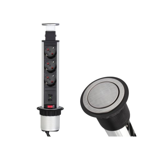 Nábytkové zásuvky, vypinače - Vestavná, výsuvná zásuvka LIFT-BOX 3x230V, 2x USB kartáčovaná ocel, LIFTBOX-STD-3FR-U-01 - foto 1