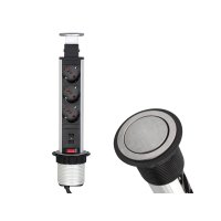 Nábytkové zásuvky, vypinače - Vestavná, výsuvná zásuvka LIFT-BOX 3x230V, 2x USB kartáčovaná ocel, LIFTBOX-STD-3FR-U-01