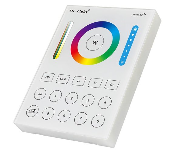 2,4Ghz Ovladače na stěnu - 8 zónový nástěnný ovladač RGB+CCT, B8, 2.4GHz RF, Skleněný, Mi-Light - foto 1
