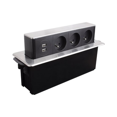 Nábytkové zásuvky, vypinače - Vestavná, výsuvná zásuvka HOPBOX 3x230V, 2x USB kartáčovaná ocel, HOPBOX-SD-3FR-U-2-01 - foto 1