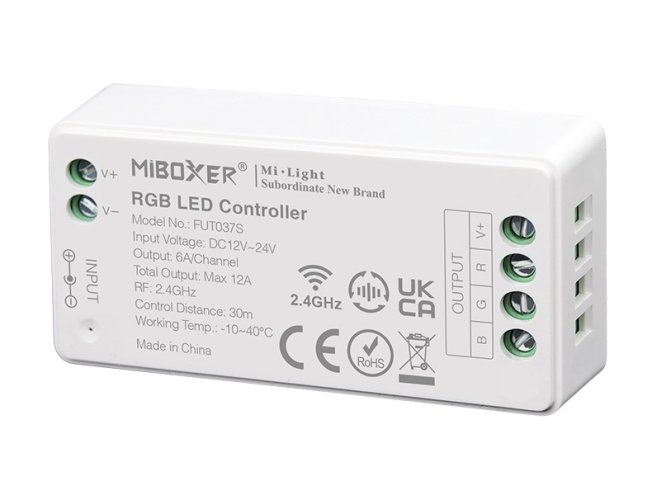 S Série - Barevný RGB LED přijímač, mini verze, 12-24V, 12A, RF  2.4GHz, FUT037S, Mi-Light - foto 1