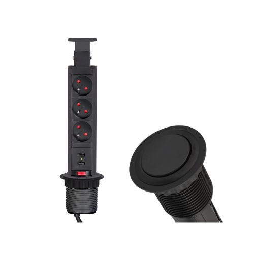 Nábytkové zásuvky, vypinače - Vestavná, výsuvná zásuvka LIFT-BOX 3x230V, 2x USB černá, LIFTBOX-CZ-3FR-U-02 - foto 1