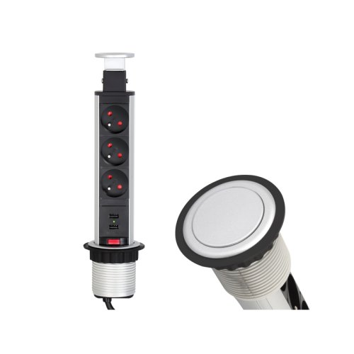Nábytkové zásuvky, vypinače - Vestavná, výsuvná zásuvka LIFT-BOX 3x230V, 2x USB hliník, LIFTBOX-ALU-3FR-U-01 - foto 1