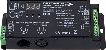 Ovladače, řídící jednotky - DMX512 dekodér 4 kanály, 8A/kanál, IP20, 12-36V, 3 roky záruka, OP6390