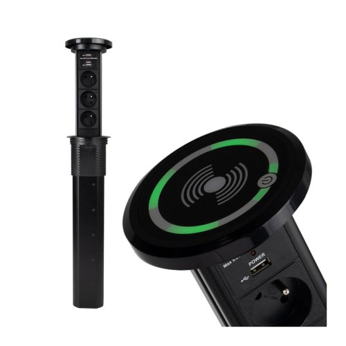 Nábytkové zásuvky, vypinače - Vestavná, výsuvná zásuvka LIFT BOX USB Automatic s bezdrátovou nabíječkou, 3x230V, 2xUSB, IP20, černá, LIFTBOX-A-CZ-3FR-U-B-01 - foto 1