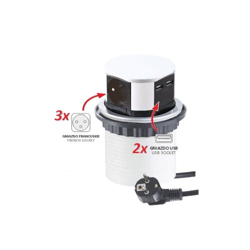 Nábytkové zásuvky, vypinače - Vestavná nábytková zásuvka TETRA BOX s USB hliník, 3x230V, IP20, 2xUSB, 1,4m, TETRABOX-4G2U-FR-01 - foto 1