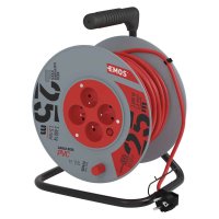 Prodlužovací šňůry, bubny, rozbočky - PVC prodlužovací červený kabel na bubnu – 4 zásuvky, 25m 1,5mm2, 230V, IP20