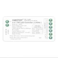 Digitální SPI jednotky - Digitální řídící jednotka 3v1 pro programovatelné LED pásky (jednobarevné + RGB + RGBW), 2,4 GHz, 10A, DC5V~24V, SPIR3, Mi-Light