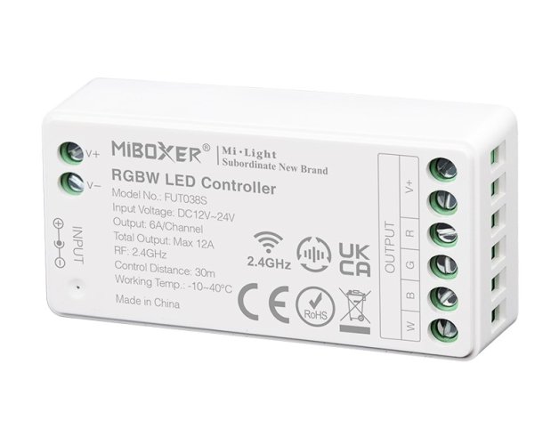S Série - Barevný RGBW LED přijímač, mini verze, 12-24V, 12A, RF 2.4GHz, FUT038S, Mi-Light - foto 1