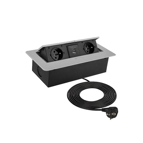 Nábytkové zásuvky, vypinače - Nábytková zásuvka KOMBI BOX USB, AC, 230 V, IP20, stříbrná, vestavná, KOMB-AL-2FR-UAC-3,0-03 - foto 1