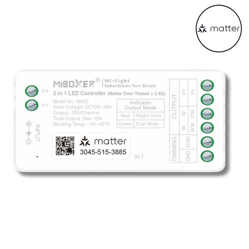 Matter - 2v1 ovladač pro jednobarevné LED pásky, Matter over Thread + 2.4GHz, 12–24V DC, 12A, Mi-Light, SMZ2 - foto 1
