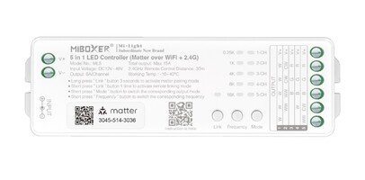 WiFi řídící jednotky - LED přijímač 5v1 pro jenobarevné/CCT/RGB/RGBW/RGB+CCT LED pásky, Matter Over Wifi+2,4GHz, DC 12-48 V, Max.15 A, ML5, Mi-Light