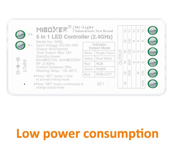 Ovladače, řídící jednotky - LED přijímač 5v1, RGB+CCT, nízká spotřeba energie, 2,4GHz, DC12-24V, 12A, SR5L, Mi-Light - foto 1