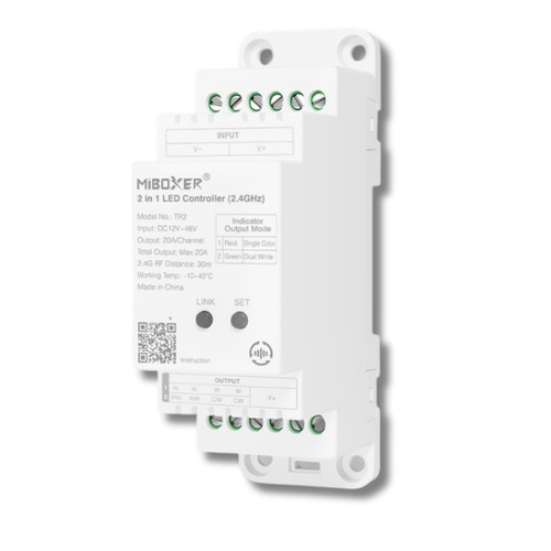 T série - 2v1 LED ovladač pro jednobarevné a CCT svítidla, 2.4GHz RF, DIN lišta 35mm, DC12–48V, 20A, Mi-Light, TR2 - foto 1