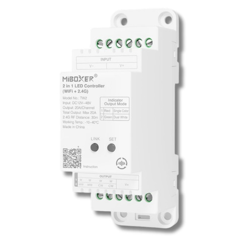 T série - 2v1 LED ovladač pro jednobarevné a CCT svítidla, WiFi + 2.4GHz RF, DIN lišta 35mm, DC12–48V, 20A, Mi-Light, TW2 - foto 1