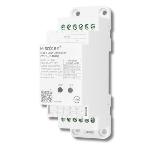 T série - 5v1 LED ovladač pro RGB+CCT LED pásky, WiFi + 2.4GHz RF, DIN lišta 35mm, DC 12–48V, 20A, Mi-Light, TW5 - foto 1